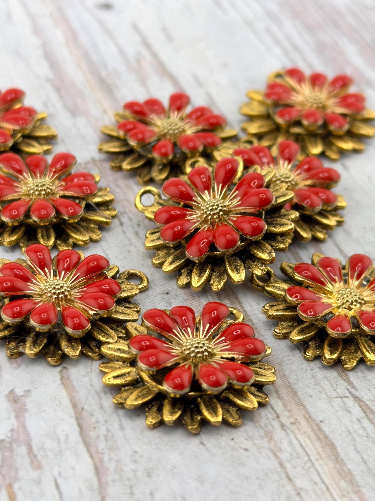 Cherry Red Enamel Flower Charm, Antiqued Gold Plated - AG575