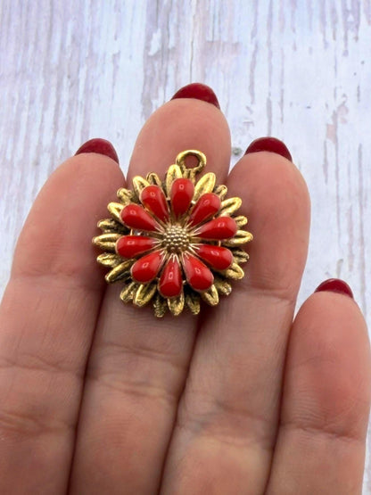 Cherry Red Enamel Flower Charm, Antiqued Gold Plated - AG575