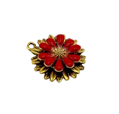 Cherry Red Enamel Flower Charm, Antiqued Gold Plated - AG575