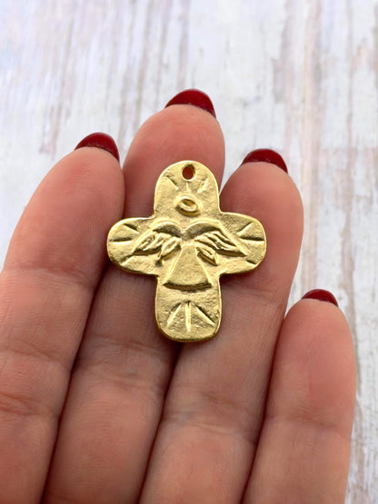 Distressed Cross Angel Charm, Satin 18k Gold Plated - ST256