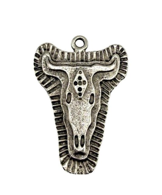 Pendentif Crâne de Vache Texas Longhorn, Étain Vieilli - PT396