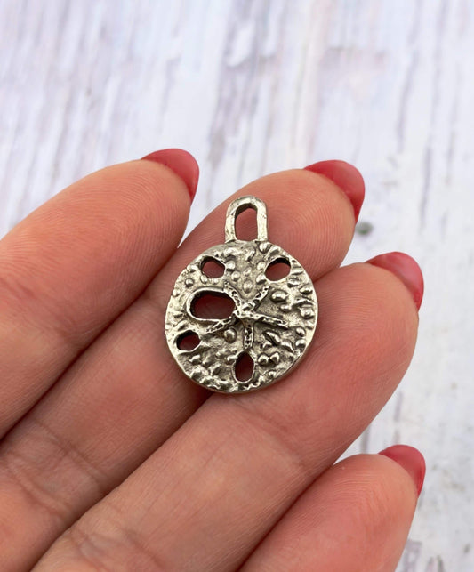 Sand Dollar Charm, Antiqued Pewter, Beachy Pendants,DIY Jewelry Making Supplies, Small Charms, Silver Findings, Boho Seashell,  PT699