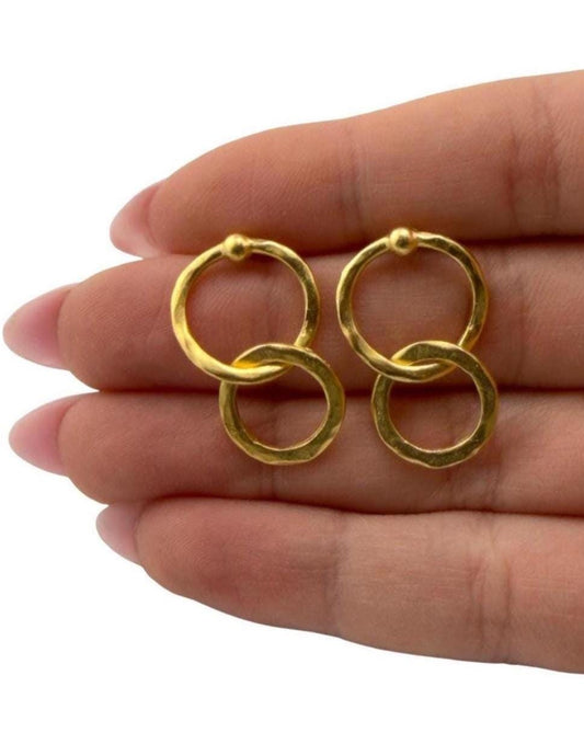 Dangling Interlocking Double Ring Earrings, Satin 18k Gold Plated - ST720