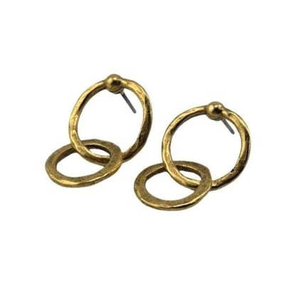 Dangling Interlocking Double Ring Earrings, Antiqued Gold Plated - AG719