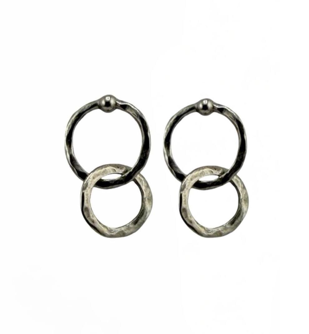 Dangling Interlocking Double Ring Earrings, Antiqued Pewter - PT721