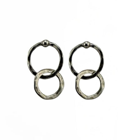 Dangling Interlocking Double Ring Earrings, Antiqued Pewter - PT721