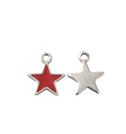 2 Count - Tiny Red Enamel Star Charms, Stainless Steel - SS100