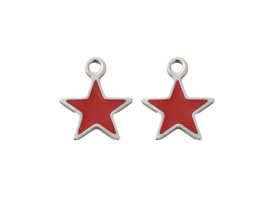 2 Count - Tiny Red Enamel Star Charms, Stainless Steel - SS100