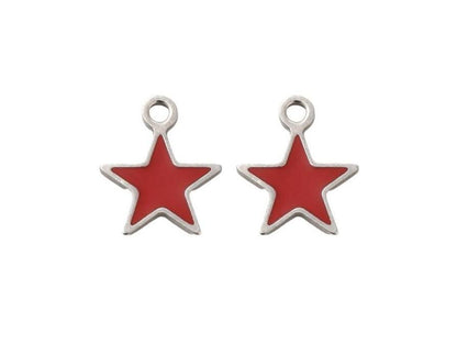 2 Count - Tiny Red Enamel Star Charms, Stainless Steel - SS100