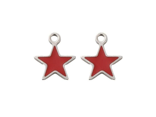 2 Count - Tiny Red Enamel Star Charms, Stainless Steel - SS100