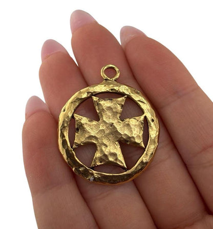 Large Cross Boho Pendant, Antiqued 18k Gold Plated - AG743