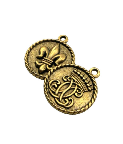 Royal Crown & Fleur-de-Lis Double Sided Coin Charm, Antiqued Gold Plated, DIY Jewelry Findings,Round Pendant, Wholesale Components, AG144