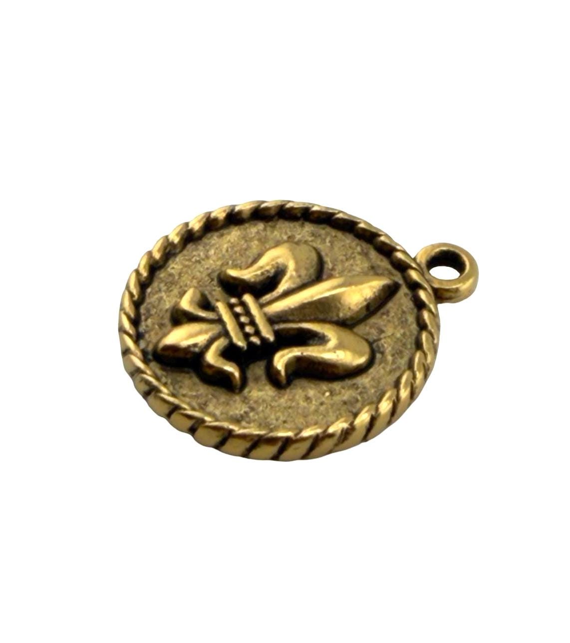 Royal Crown & Fleur-de-Lis Double Sided Coin Charm, Antiqued Gold Plated, DIY Jewelry Findings,Round Pendant, Wholesale Components, AG144
