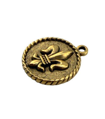 Royal Crown & Fleur-de-Lis Double Sided Coin Charm, Antiqued Gold Plated, DIY Jewelry Findings,Round Pendant, Wholesale Components, AG144