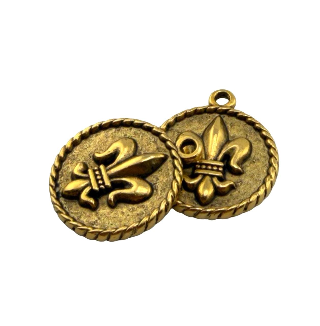 Royal Crown & Fleur-de-Lis Double Sided Coin Charm, Antiqued Gold Plated, DIY Jewelry Findings,Round Pendant, Wholesale Components, AG144