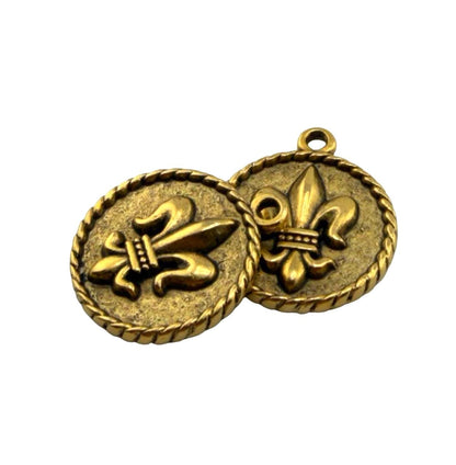 Royal Crown & Fleur-de-Lis Double Sided Coin Charm, Antiqued Gold Plated, DIY Jewelry Findings,Round Pendant, Wholesale Components, AG144