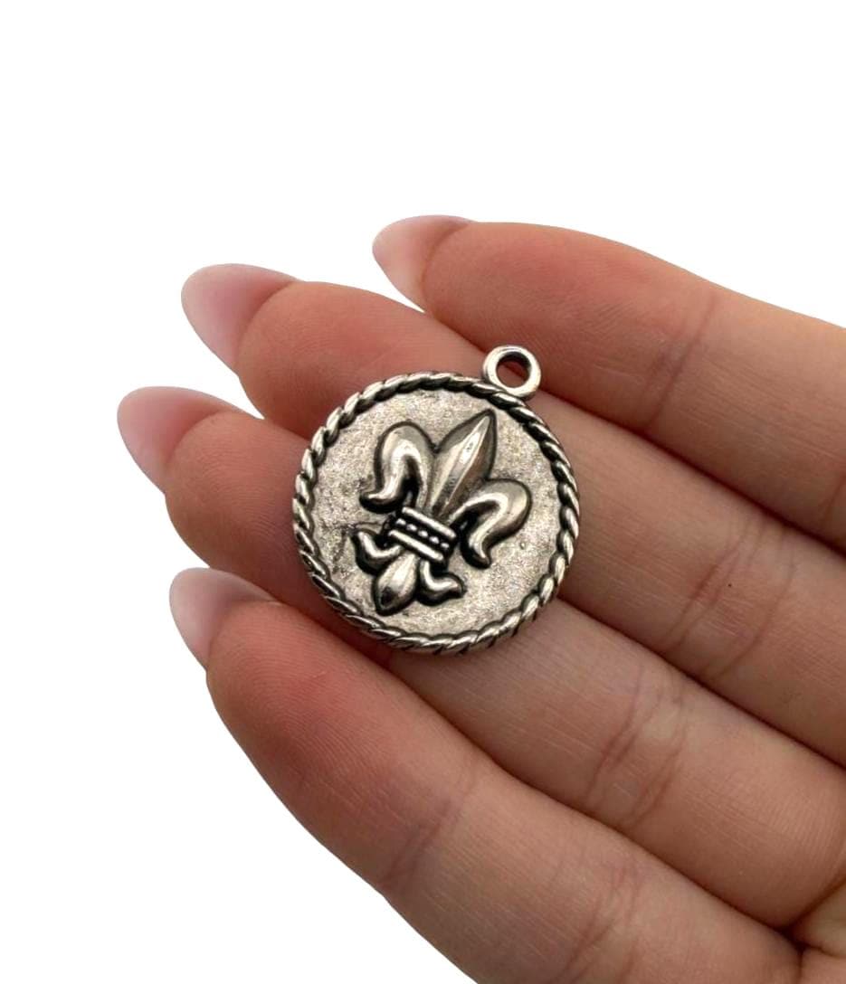 Royal Crown & Fleur-de-Lis Double Sided Coin Charm, Antiqued Pewter - PT504