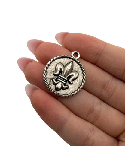 Royal Crown & Fleur-de-Lis Double Sided Coin Charm, Antiqued Pewter - PT504