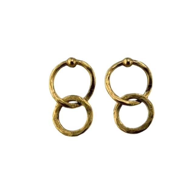 Dangling Interlocking Double Ring Earrings, Antiqued Gold Plated - AG719