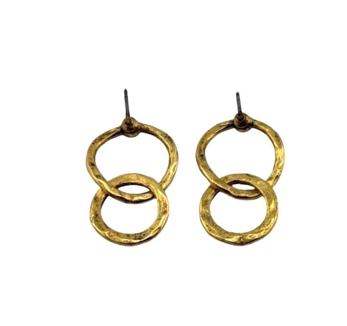 Dangling Interlocking Double Ring Earrings, Antiqued Gold Plated - AG719