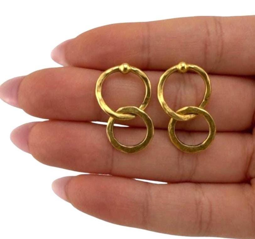 Dangling Interlocking Double Ring Earrings, Antiqued Gold Plated - AG719