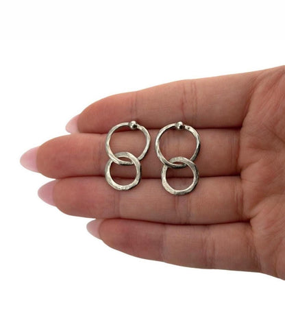 Dangling Interlocking Double Ring Earrings, Antiqued Pewter - PT721