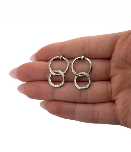 Dangling Interlocking Double Ring Earrings, Antiqued Pewter - PT721