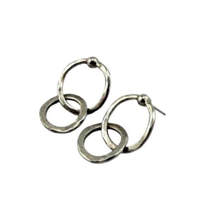 Dangling Interlocking Double Ring Earrings, Antiqued Pewter - PT721