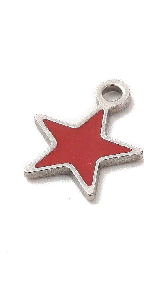 2 Count - Tiny Red Enamel Star Charms, Stainless Steel - SS100