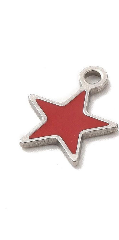 2 Count - Tiny Red Enamel Star Charms, Stainless Steel - SS100