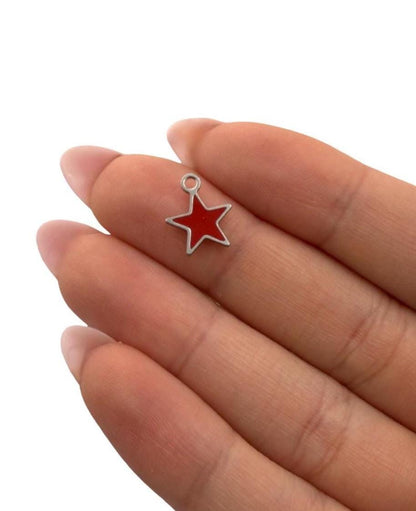 2 Count - Tiny Red Enamel Star Charms, Stainless Steel - SS100