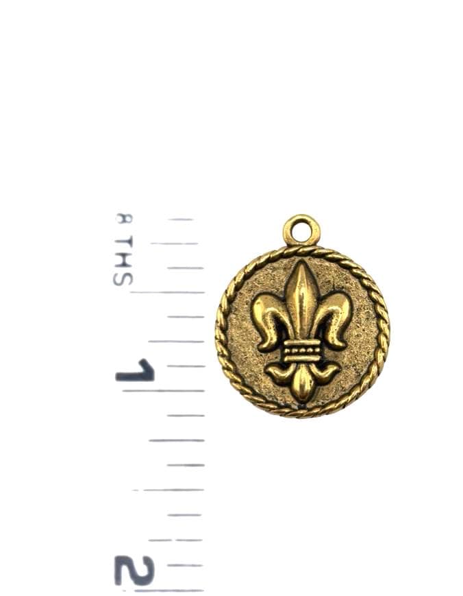 Royal Crown & Fleur-de-Lis Double Sided Coin Charm, Antiqued Gold Plated, DIY Jewelry Findings,Round Pendant, Wholesale Components, AG144