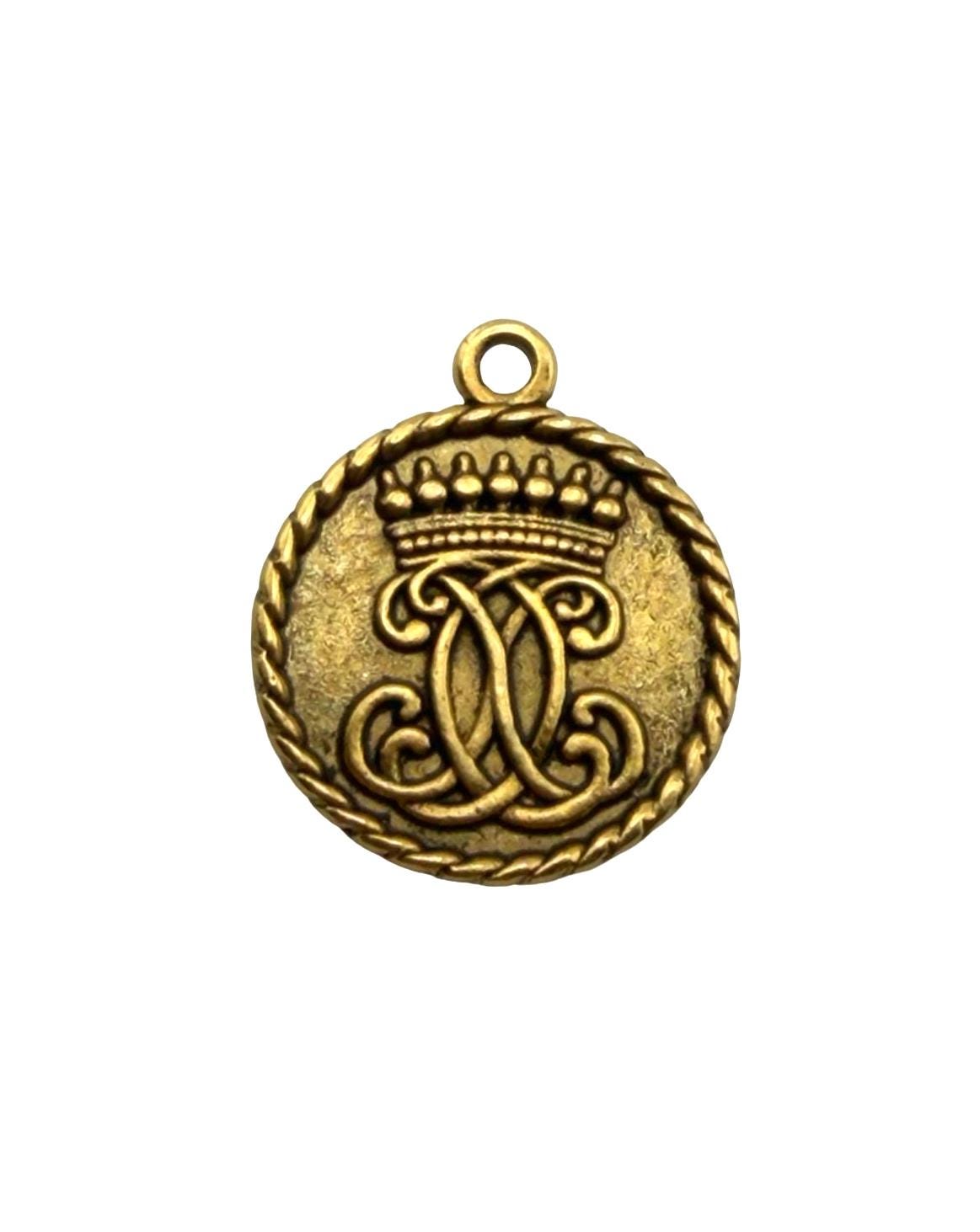 Royal Crown & Fleur-de-Lis Double Sided Coin Charm, Antiqued Gold Plated, DIY Jewelry Findings,Round Pendant, Wholesale Components, AG144