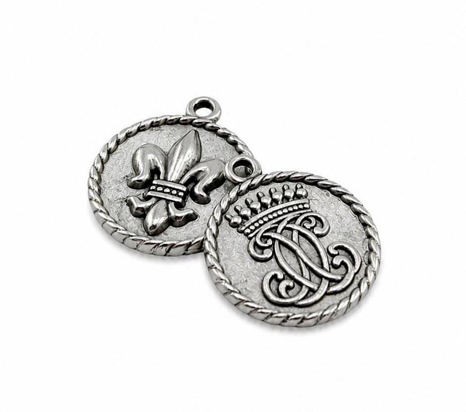 Royal Crown & Fleur-de-Lis Double Sided Coin Charm, Antiqued Pewter - PT504