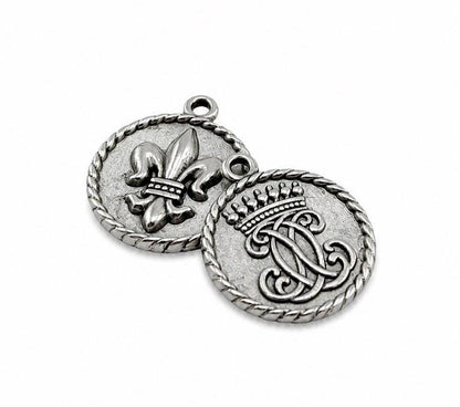 Royal Crown & Fleur-de-Lis Double Sided Coin Charm, Antiqued Pewter - PT504