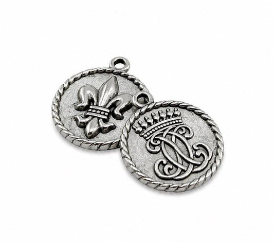 Royal Crown & Fleur-de-Lis Double Sided Coin Charm, Antiqued Pewter - PT504