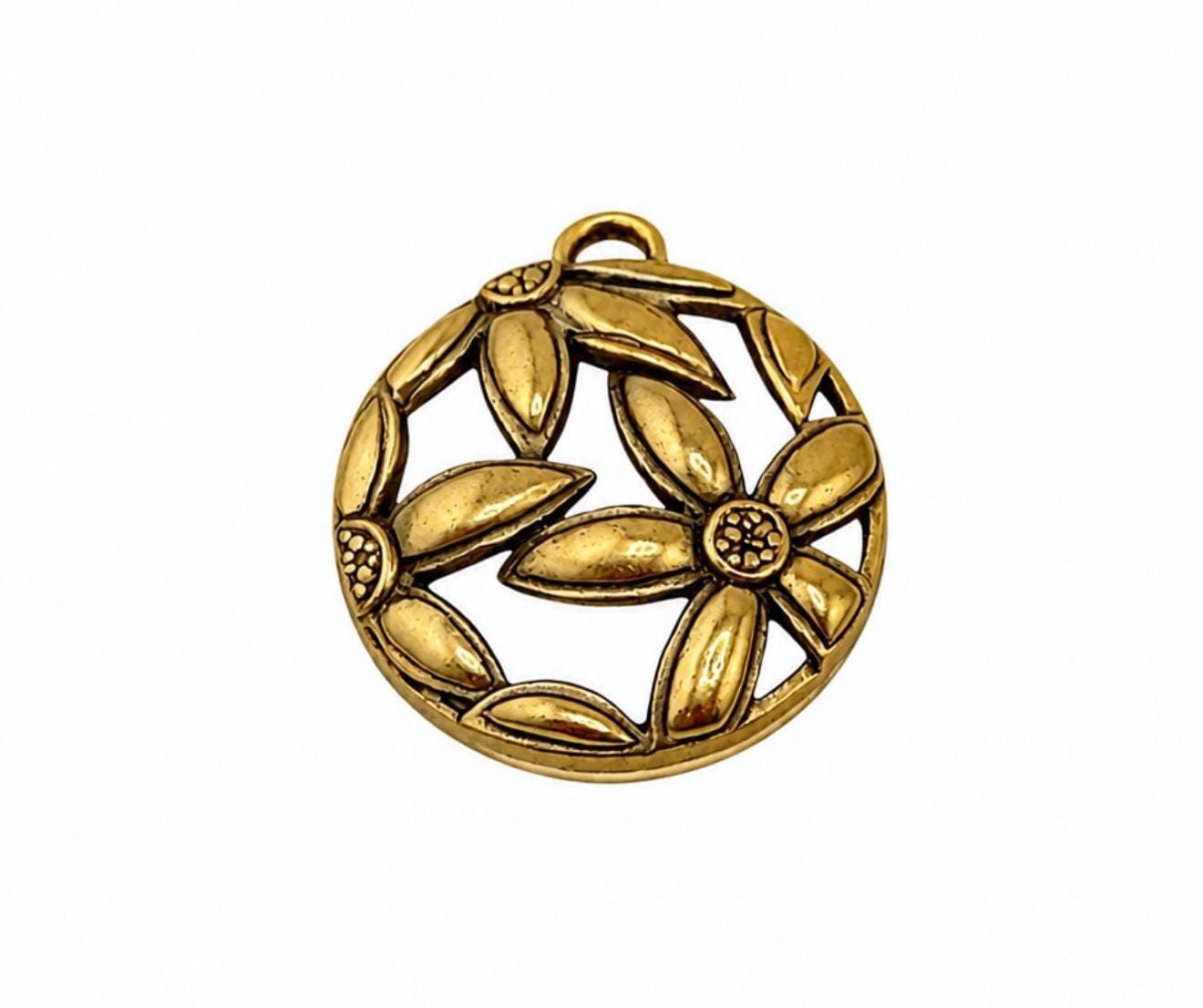 Round Boho Flower Pendant, Antiqued Gold Plated - AG679