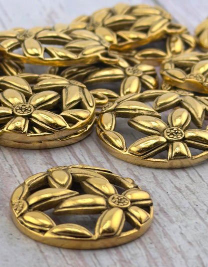 Round Boho Flower Pendant, Antiqued Gold Plated - AG679