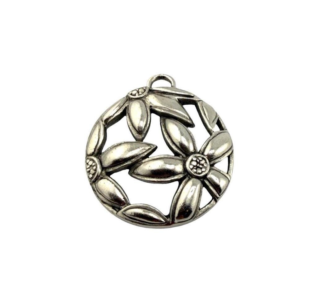 Round Boho Flower Pendant, Antiqued Pewter - PT675