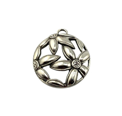 Round Boho Flower Pendant, Antiqued Pewter - PT675
