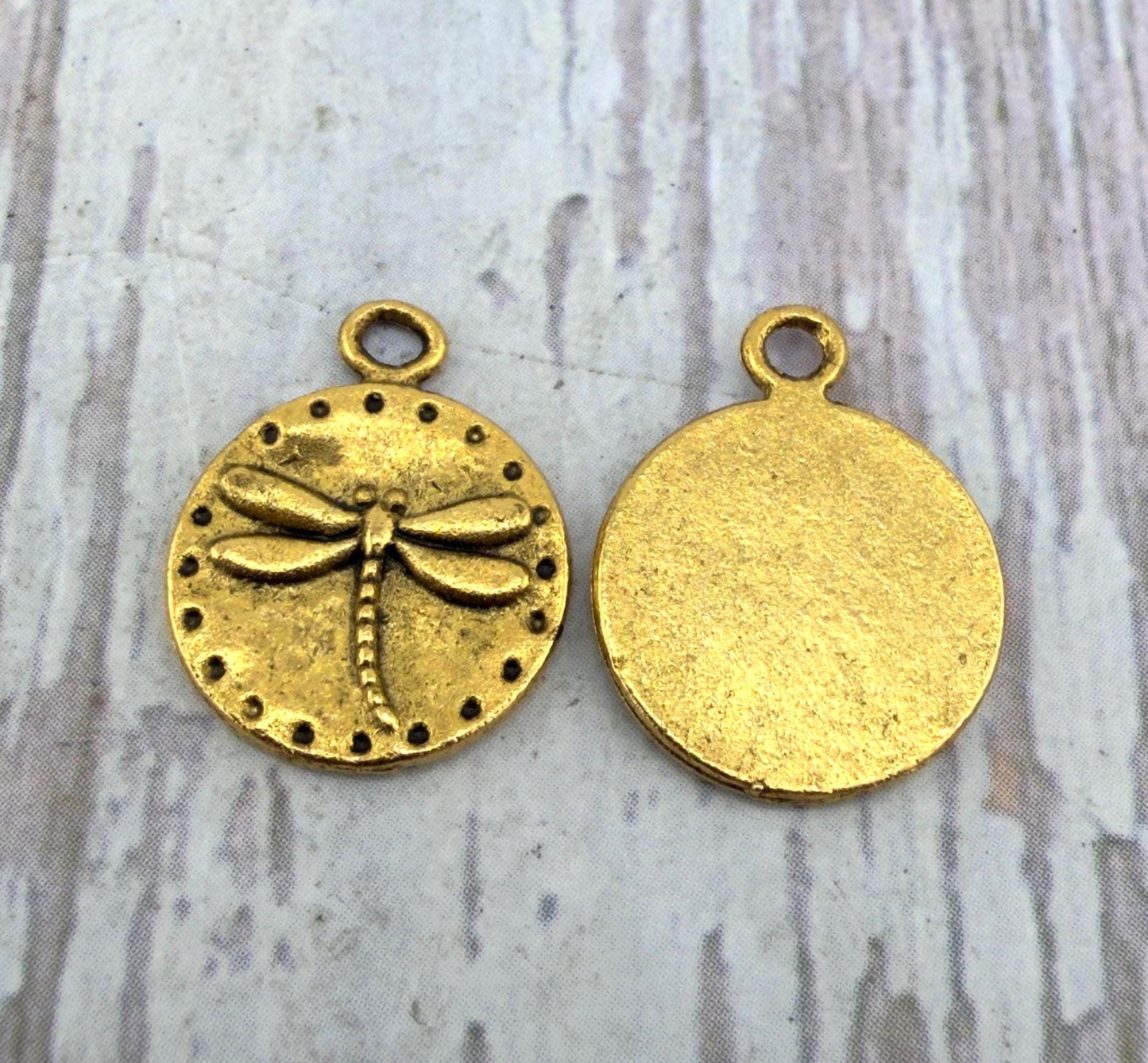 Tiny Round Dragonfly Charm, Antiqued Gold Plated - AG161