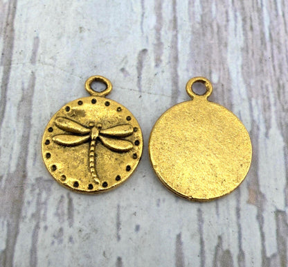 Tiny Round Dragonfly Charm, Antiqued Gold Plated - AG161