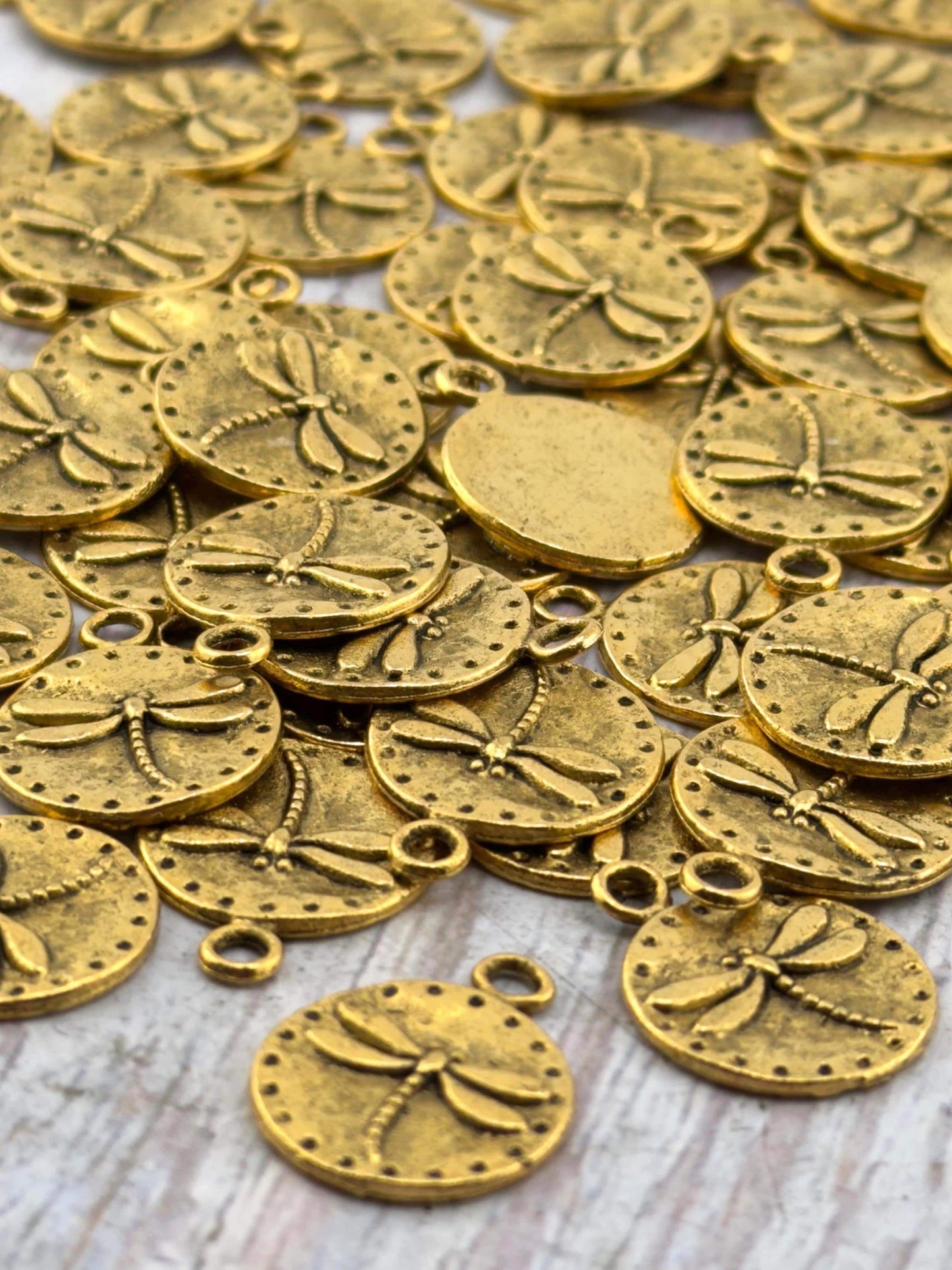 Tiny Round Dragonfly Charm, Antiqued Gold Plated - AG161
