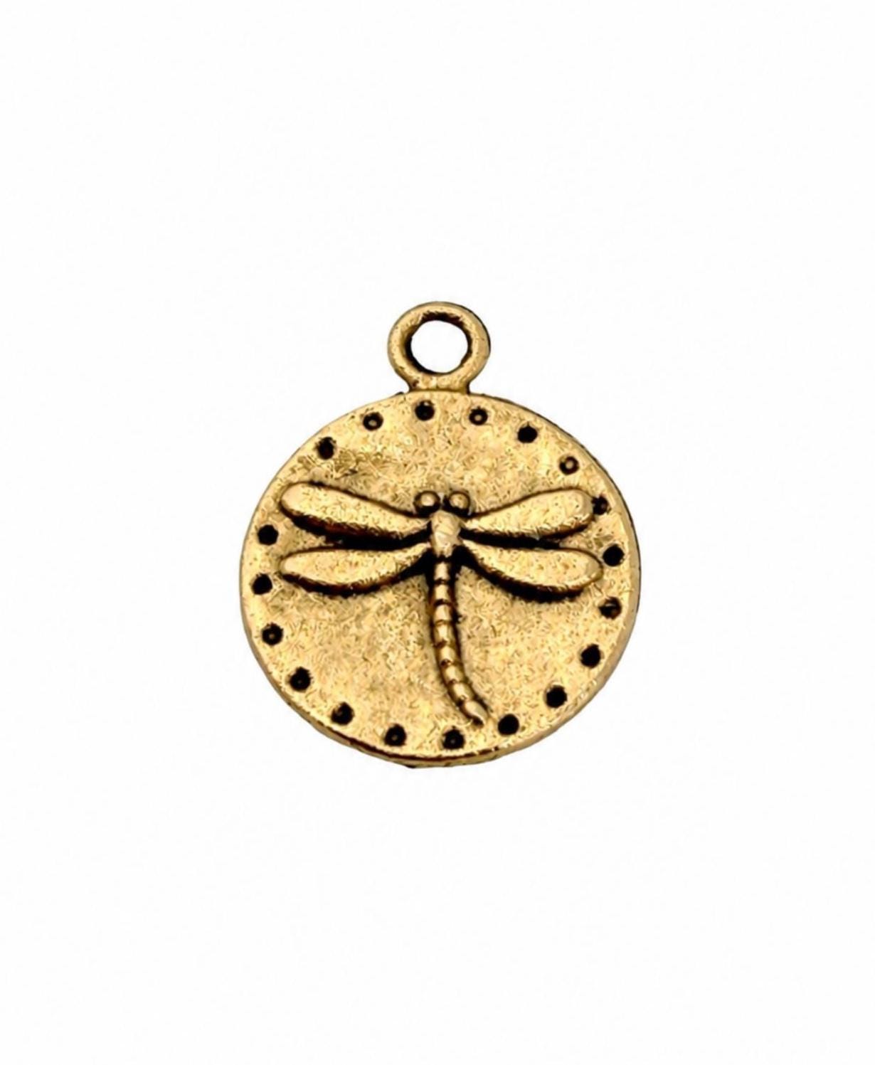 Tiny Round Dragonfly Charm, Antiqued Gold Plated - AG161