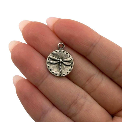 Tiny Round Dragonfly Charm, Antiqued Pewter - PT521