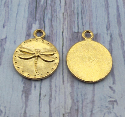 Tiny Round Dragonfly Charm, Satin 18k Gold Plated - ST341