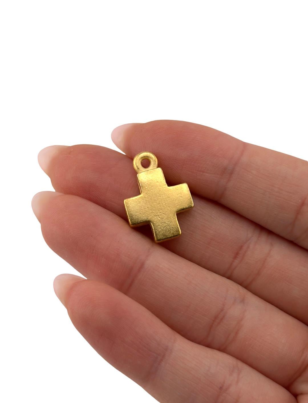 Square Small Cross Charm, Satin 18k Gold Plated, Boho Findings, Christian Charms, DIY Jewelry Making Supplies,Catholic Cross Pendants, ST756