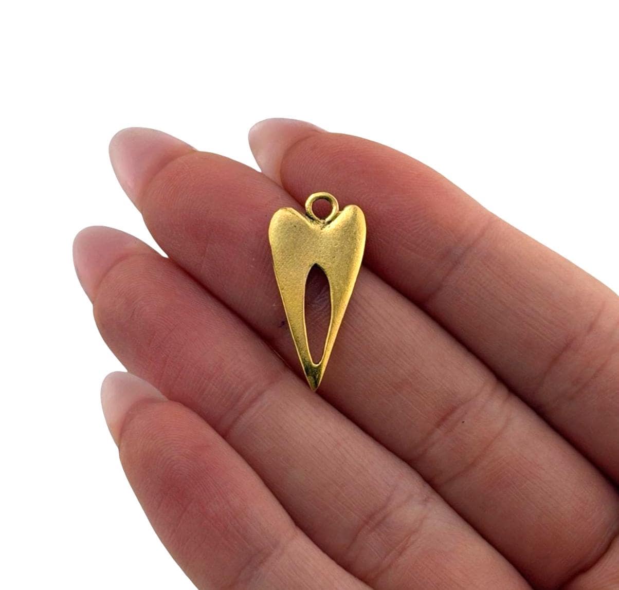 Elongated Skinny Heart Charm with Center Cutout, Antiqued Gold Plated - AG728