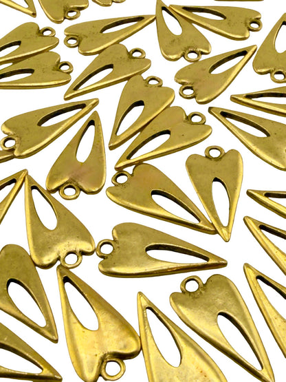 Elongated Skinny Heart Charm with Center Cutout, Antiqued Gold Plated - AG728