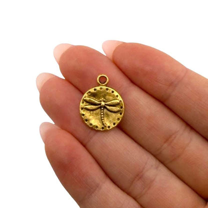 Tiny Round Dragonfly Charm, Antiqued Gold Plated - AG161